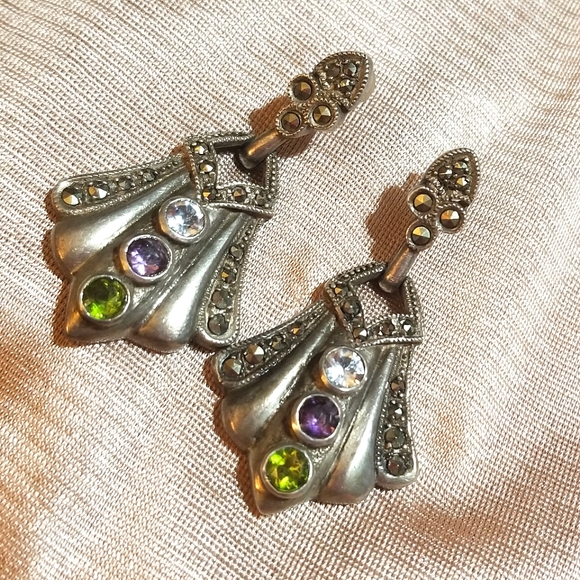 VTG DOOR KNOCKER Multi Gem Marcasite Sterling Earrings - Picture 6 of 7